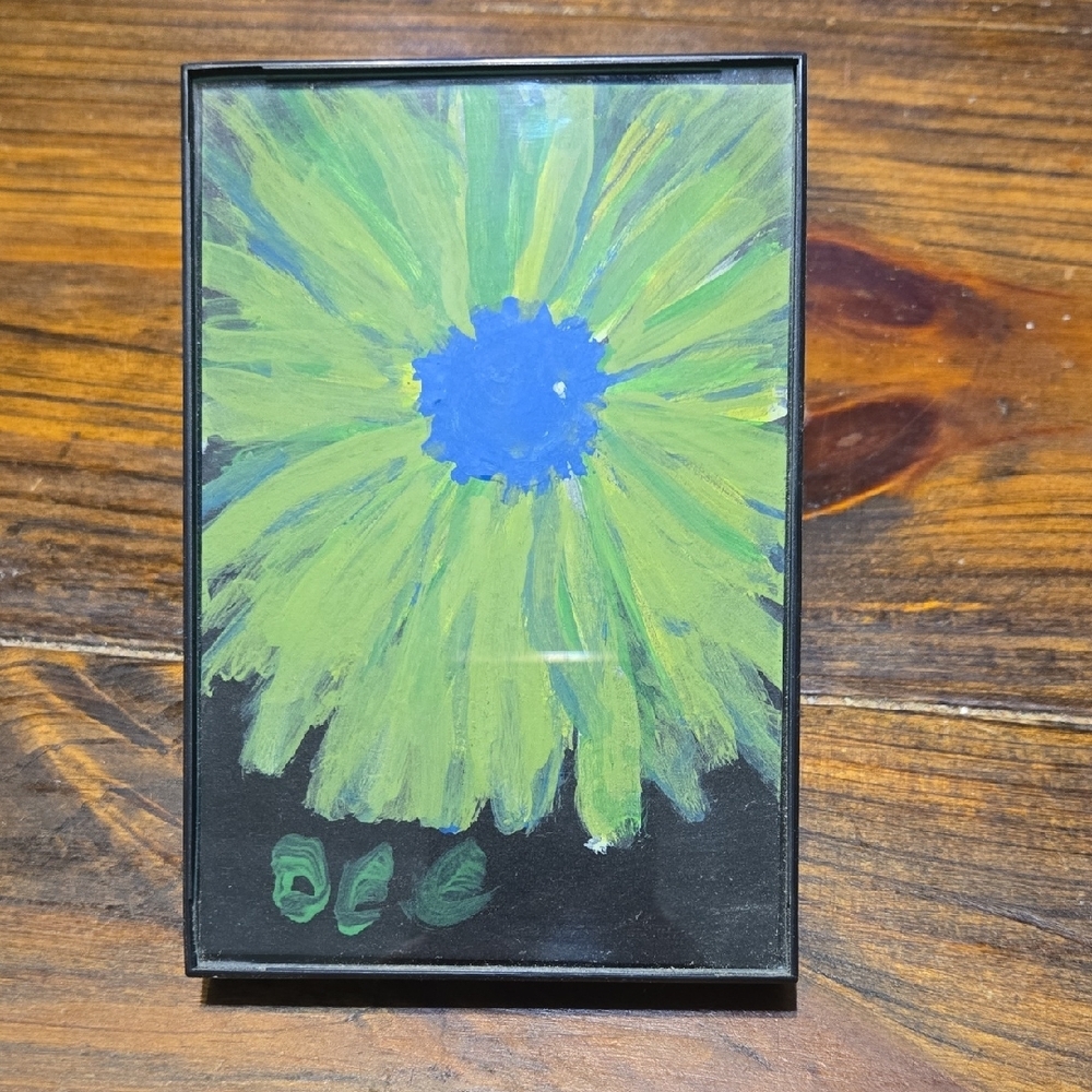 Framed Original Abstract Green and Blue Flower Art By Dee